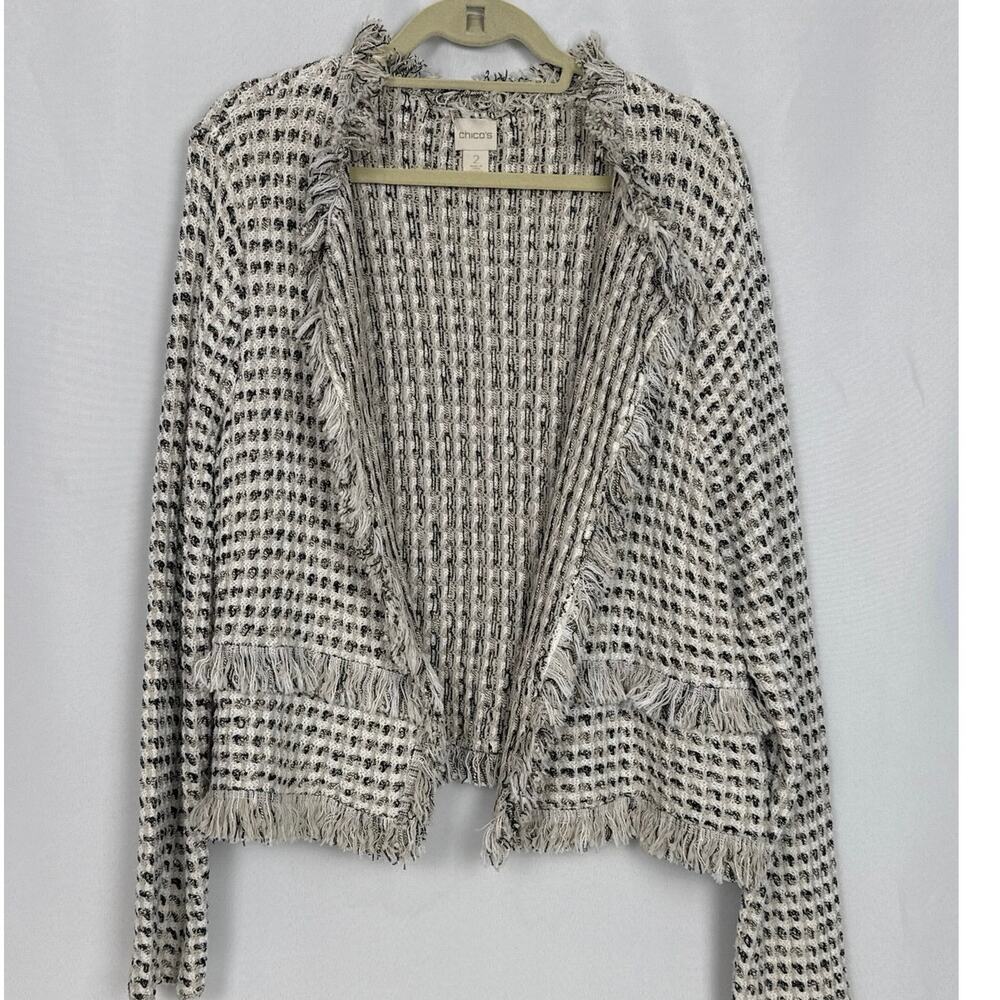 Chico's Womens Fringe Tweed Open Cardigan Size Large Cream Boho